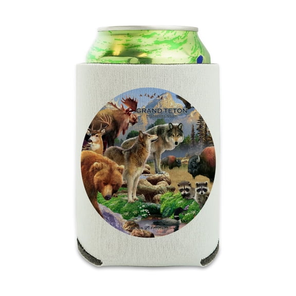 Grand Teton National Park Wyoming Animals Wolves Moose Bear Bison Can Cooler - Drink Sleeve Hugger Collapsible Insulator - Beverage Insulated Holder