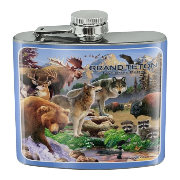 Grand Teton National Park Wyoming Animals Wolves Moose Bear Bison Stainless Steel 5oz Hip Drink Kidney Flask