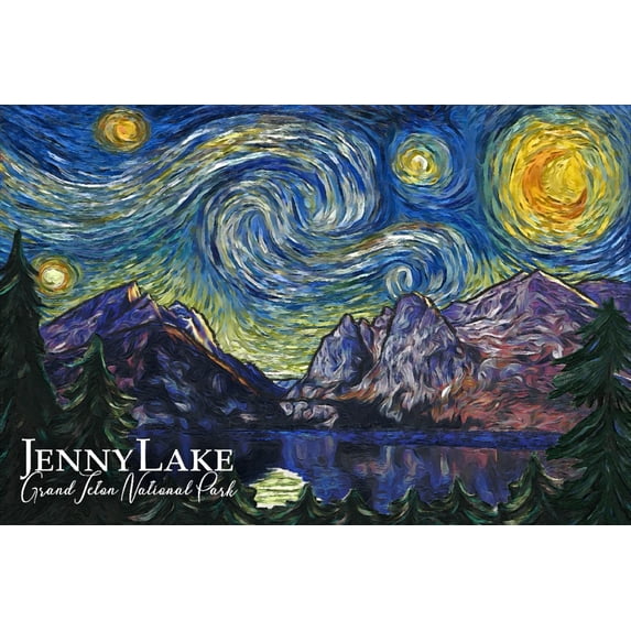 Grand Teton National Park, Wyoming, Jenny Lake, Starry Night National Park Series (24x36 Giclee Gallery Art Print, Vivid Textured Wall Decor)