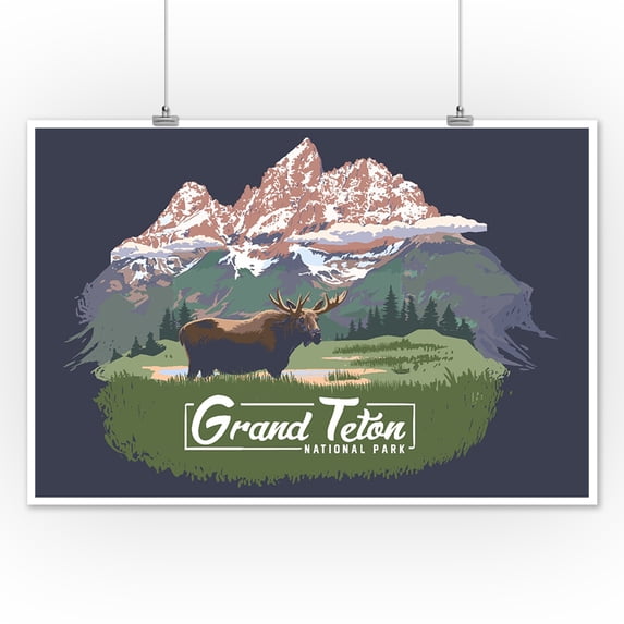 Grand Teton National Park, Wyoming - Moose & Mountains - Contour - Lantern Press Artwork (12x18 Art Print, Wall Decor Travel Poster)