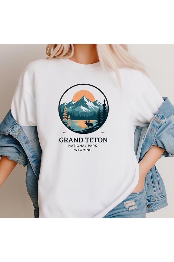 Grand Teton Vintage Graphic Shirt Wyoming Postage Stamp Mountain National Park Design Unisex Cotton T-Shirt, Size S-3XL