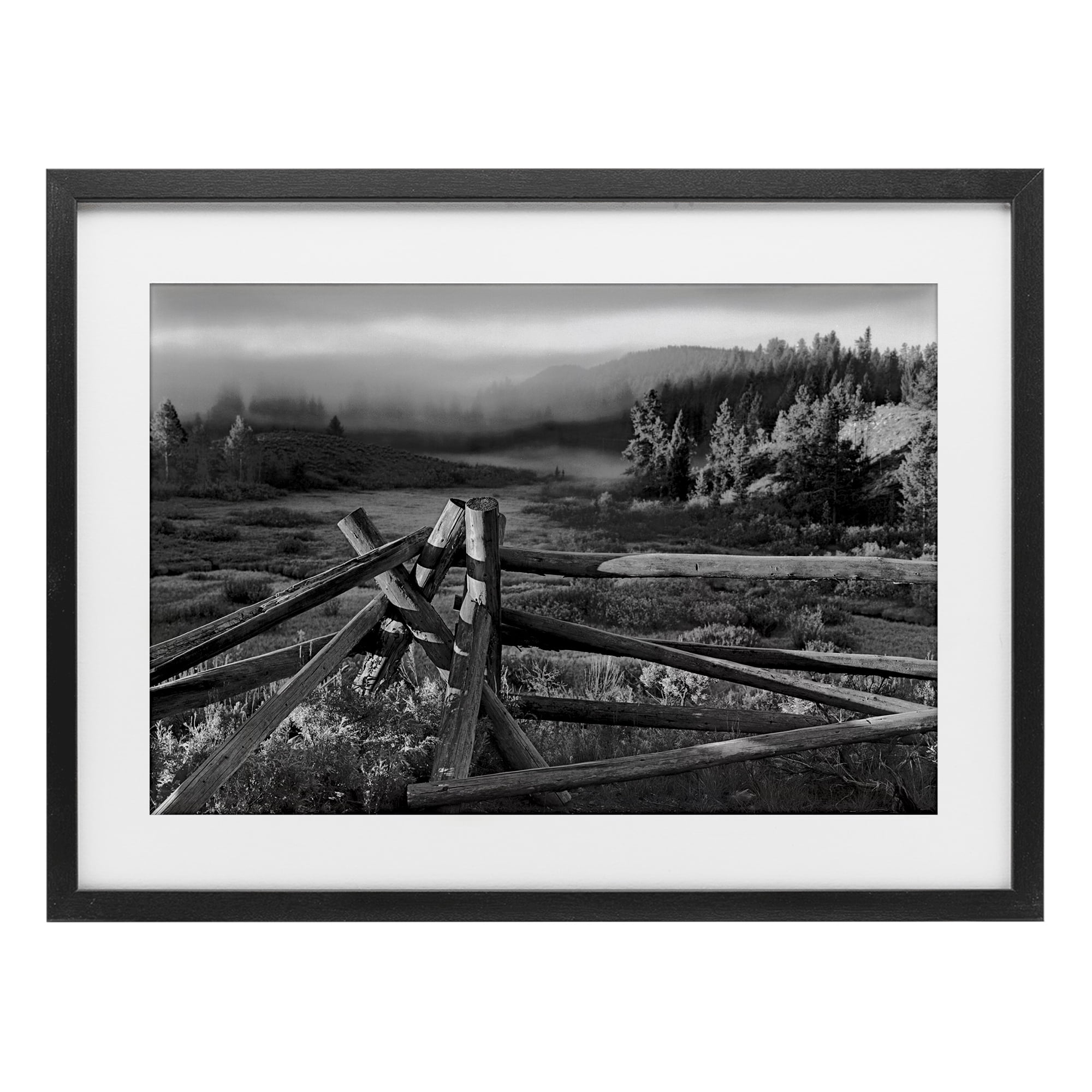 Grand Tetons Fence Beyond Black Framed Print Under Glass, design by MJ Photography