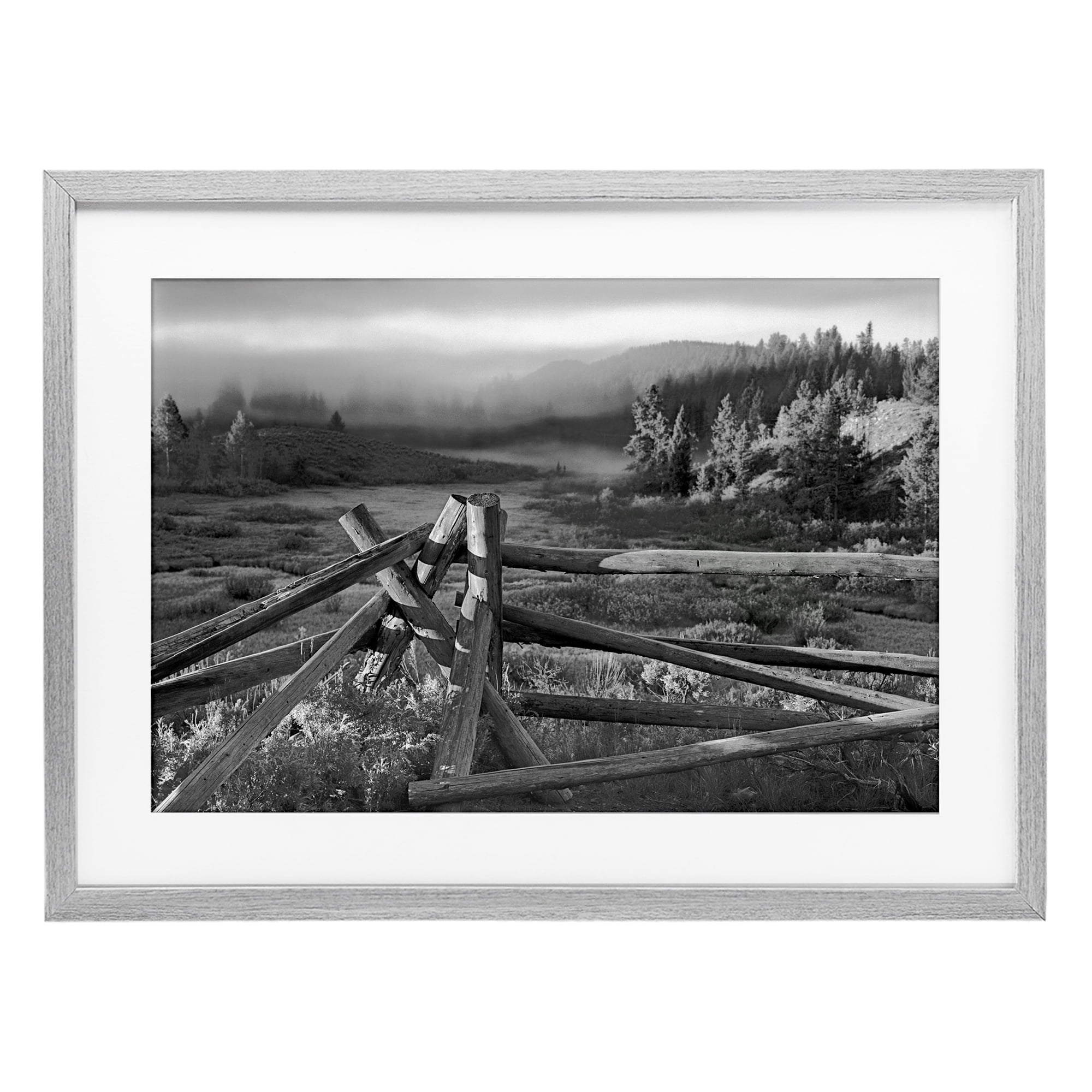 Grand Tetons Fence Beyond Gray Framed Print Under Glass, design by MJ Photography