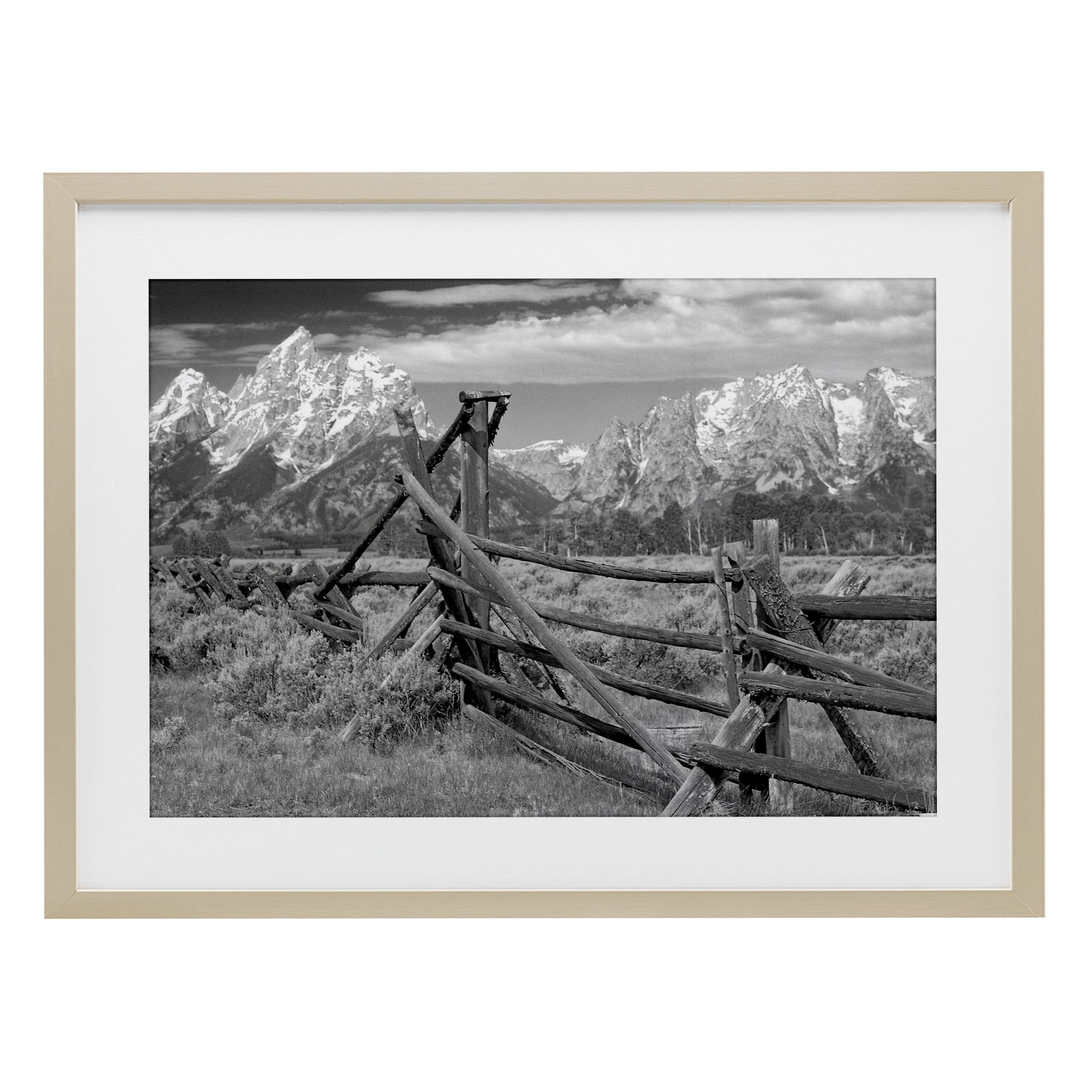Grand Tetons Mountains & Fence Birch Framed Print Under Glass, design by MJ Photography