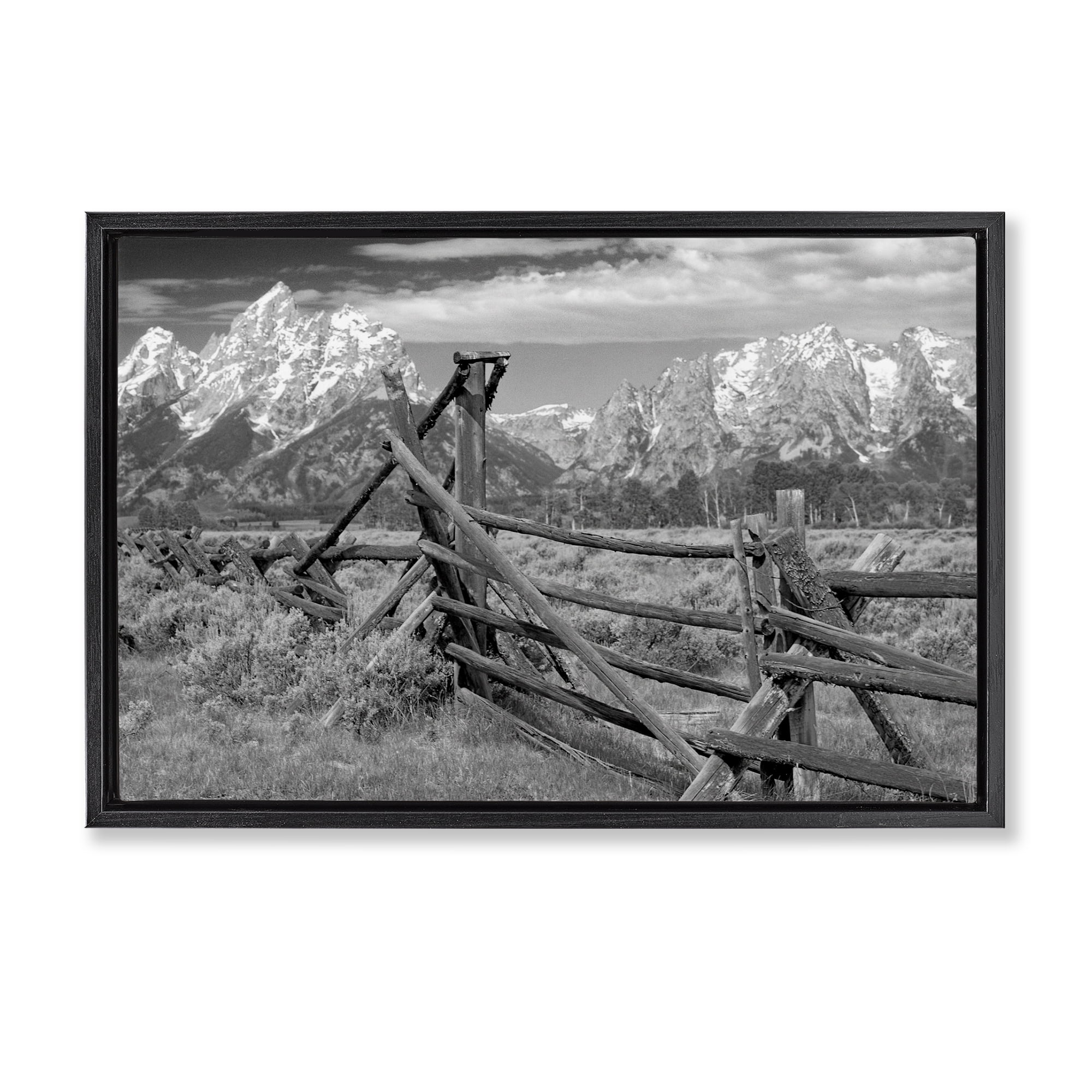 Grand Tetons Mountains & Fence Black Framed Floater Canvas Wall Art, design by MJ Photography