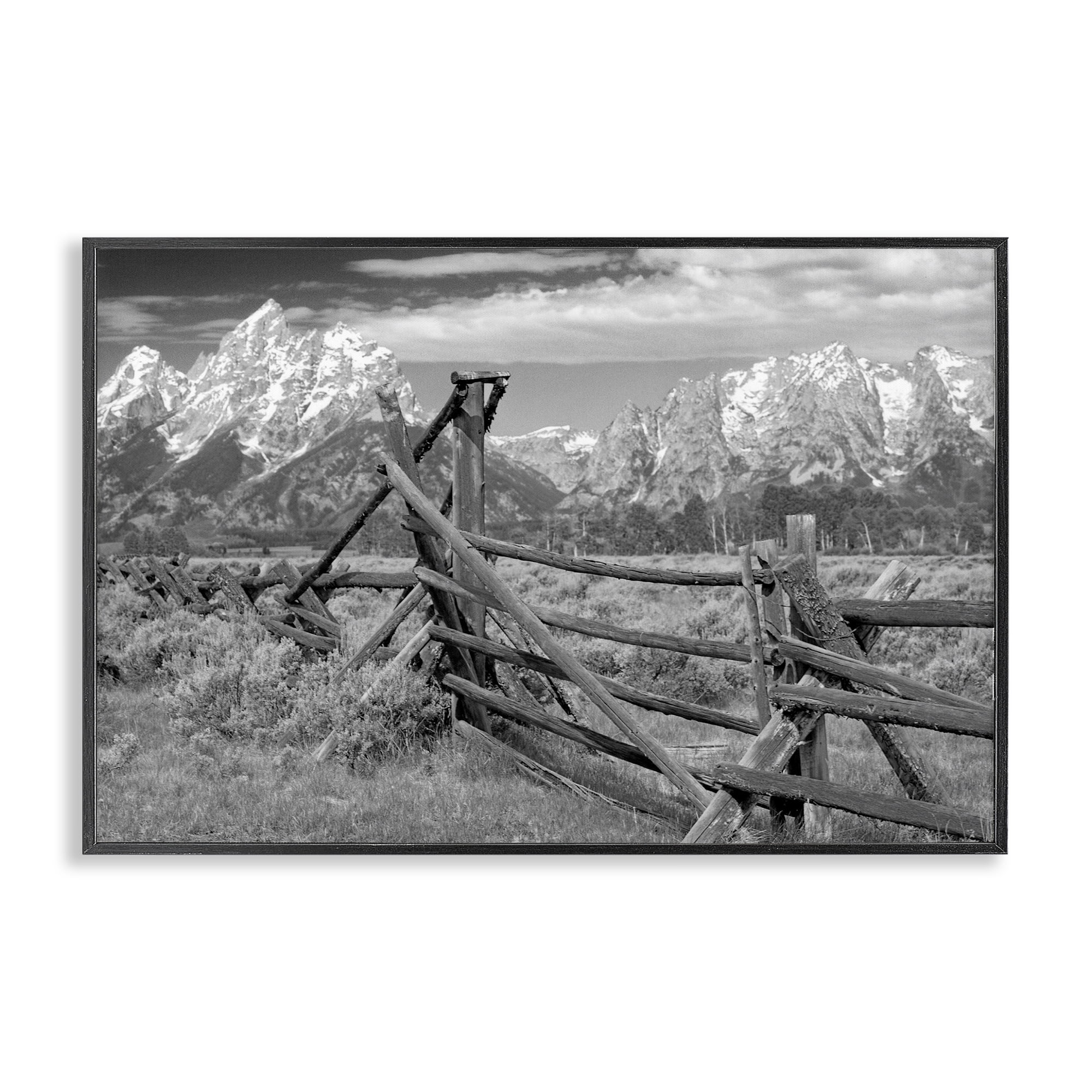 Grand Tetons Mountains & Fence Black Framed Giclee Art, design by MJ Photography