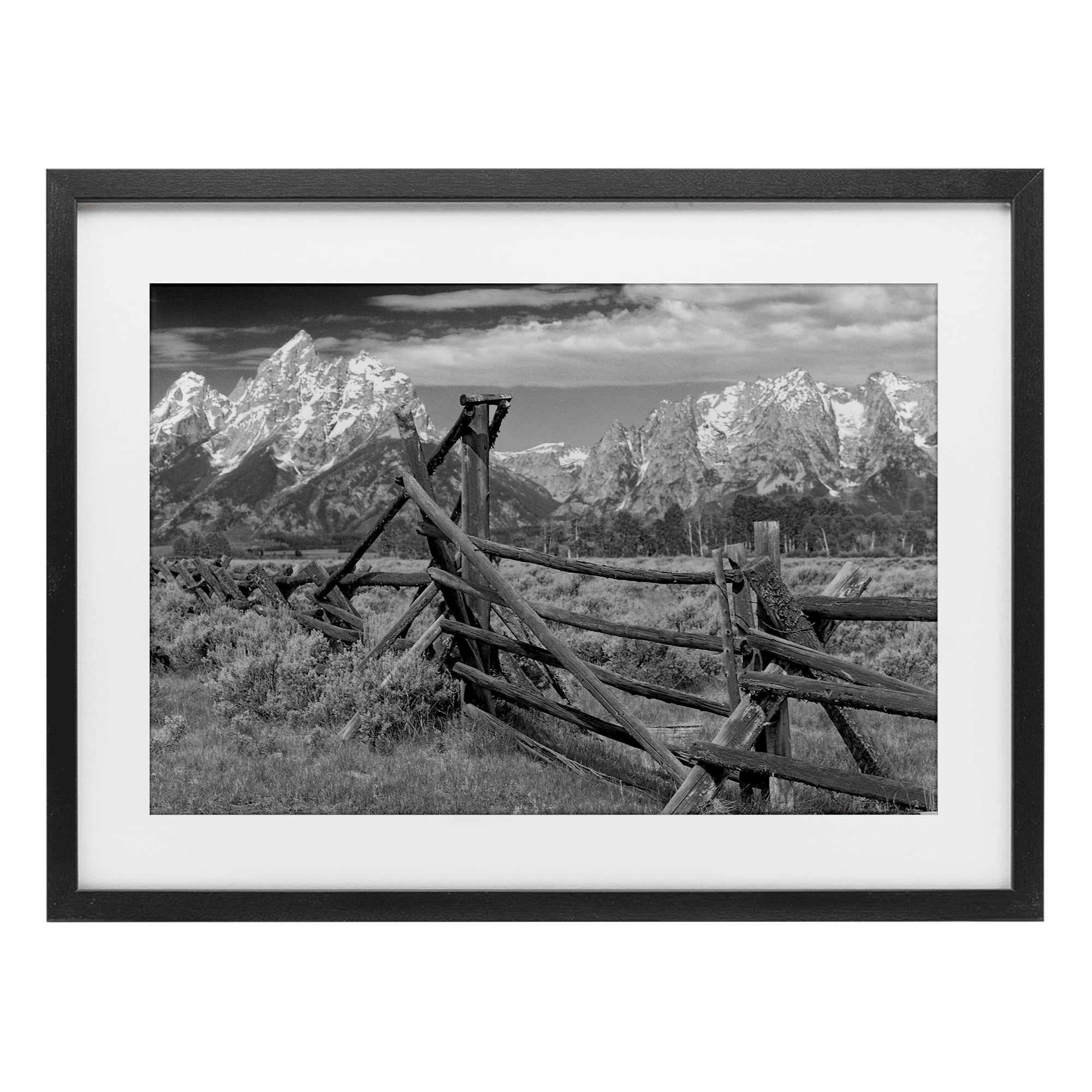 Grand Tetons Mountains & Fence Black Framed Print Under Glass, design by MJ Photography