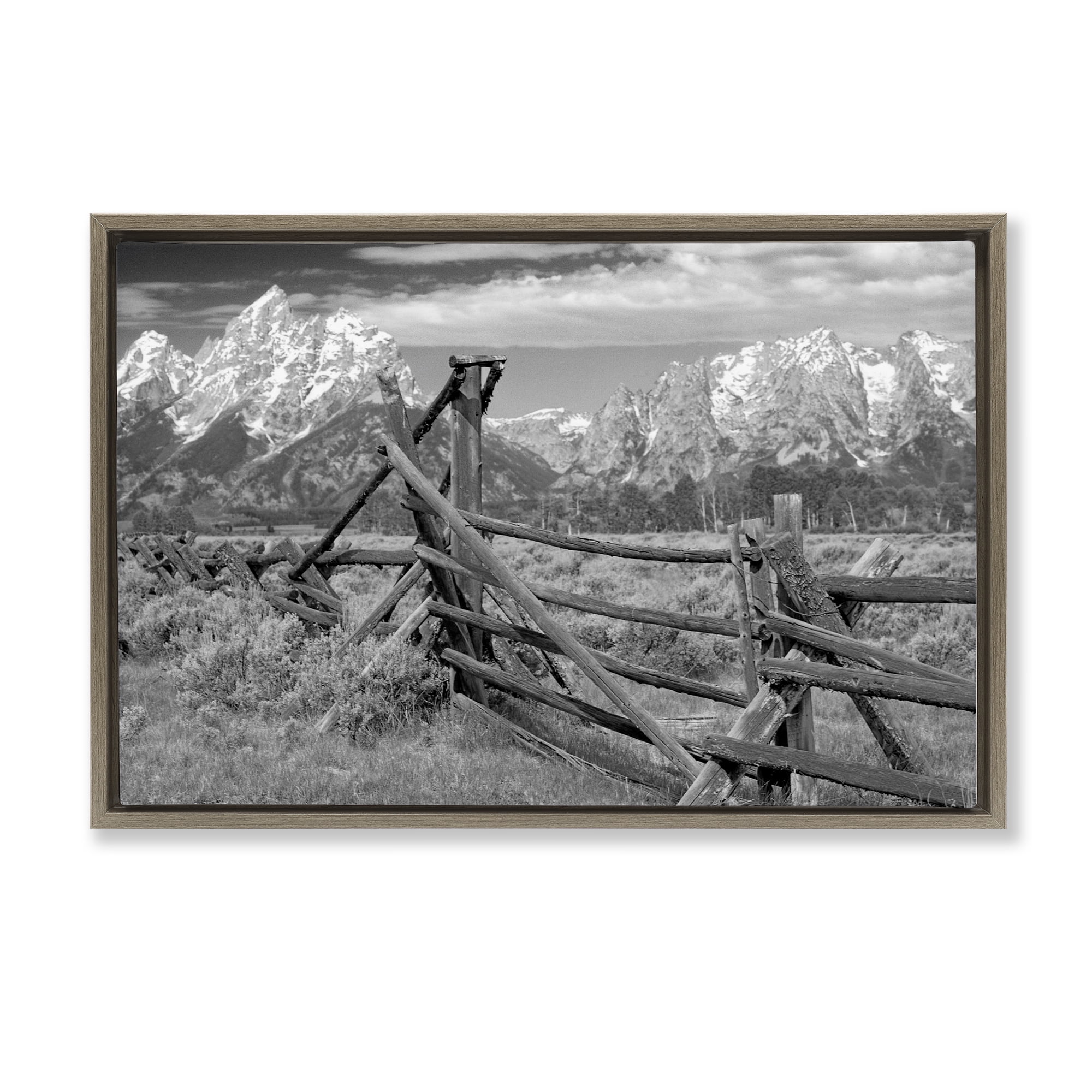 Grand Tetons Mountains & Fence Brown Framed Floater Canvas Wall Art, design by MJ Photography