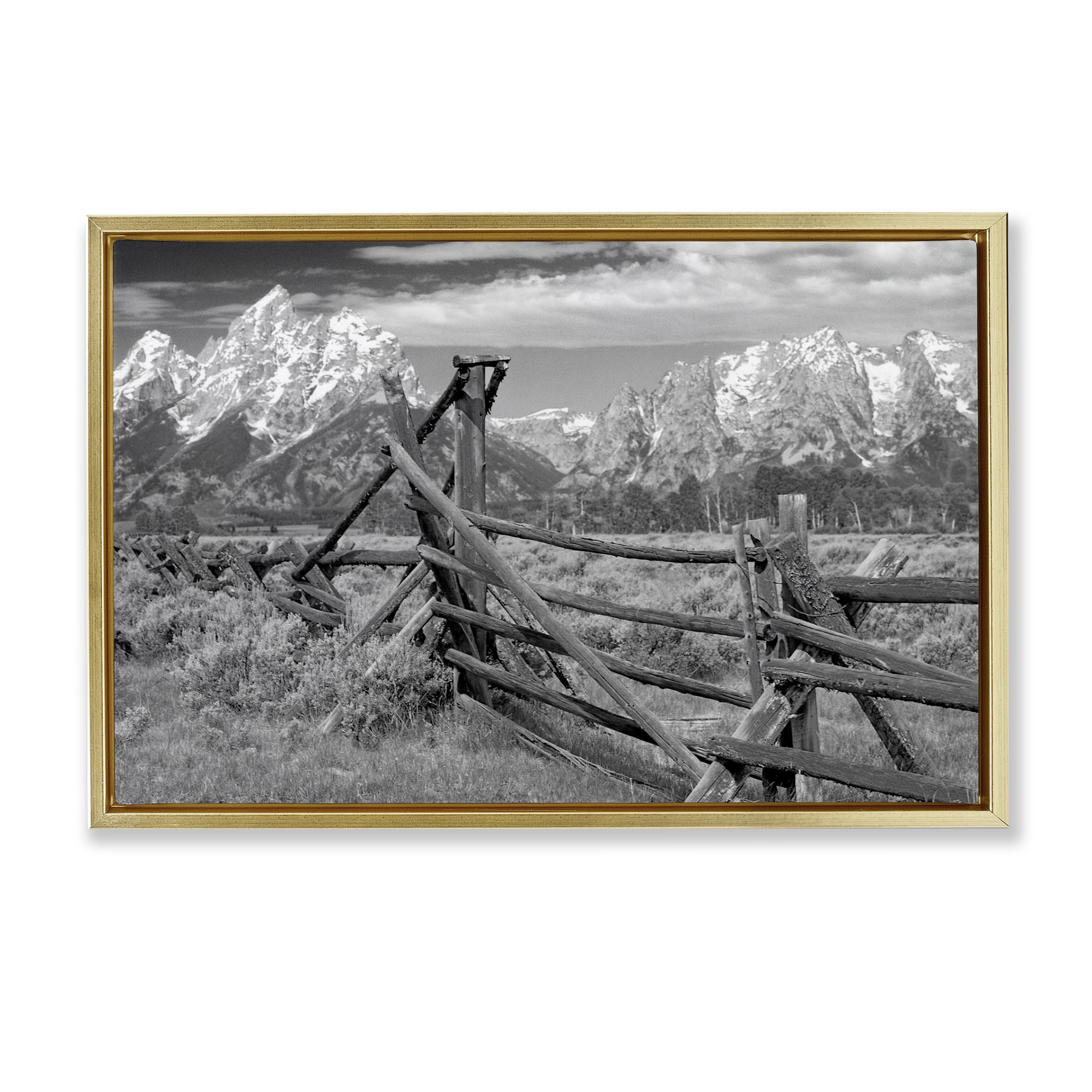 Grand Tetons Mountains & Fence Gold Framed Floater Canvas Wall Art, design by MJ Photography