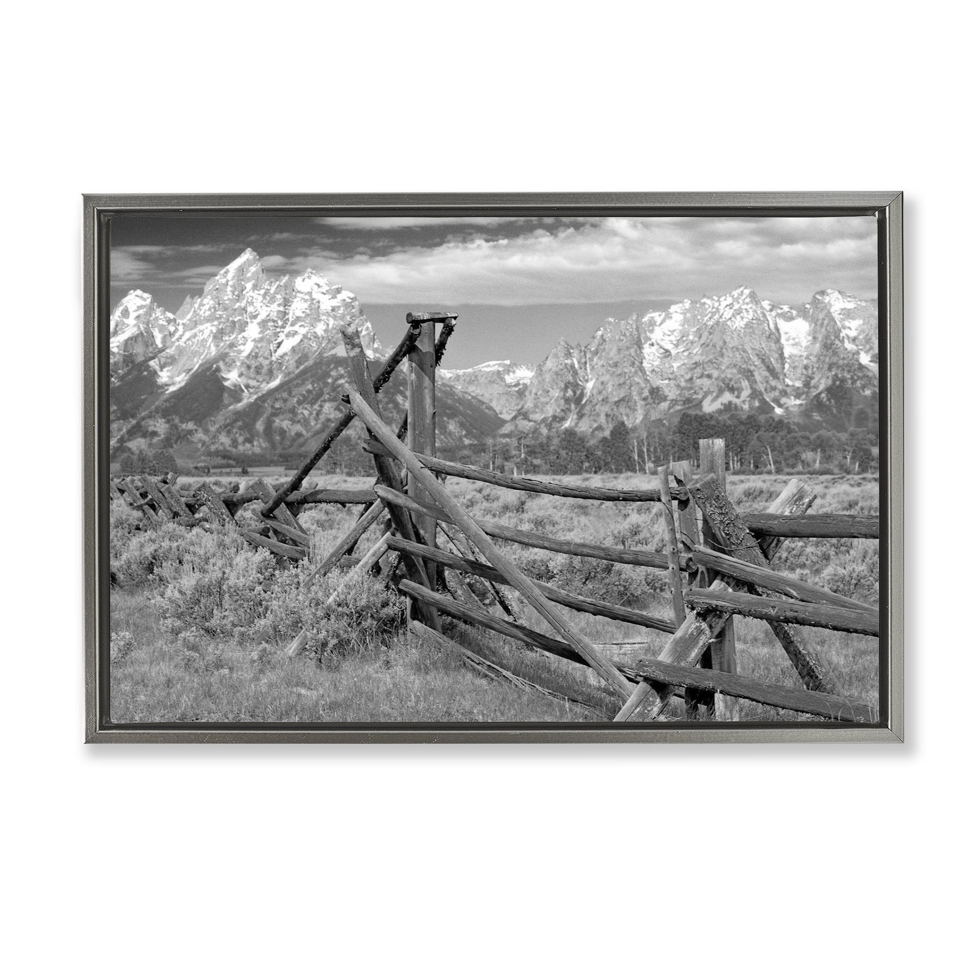Grand Tetons Mountains & Fence Gray Framed Floater Canvas Wall Art, design by MJ Photography