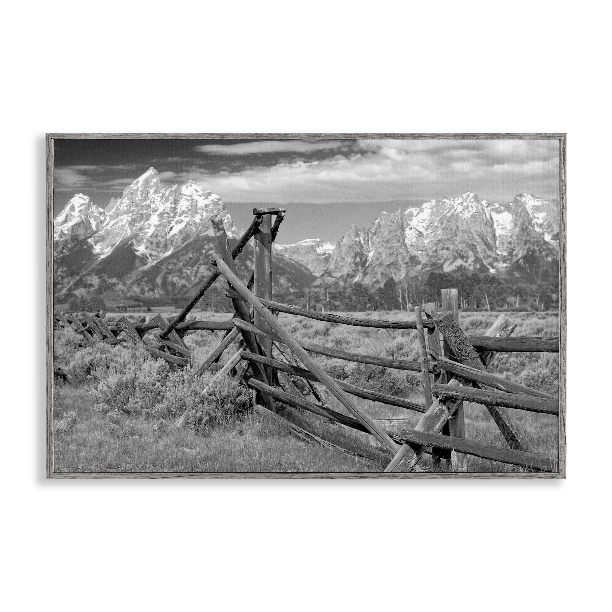 Grand Tetons Mountains & Fence Gray Framed Giclee Art, design by MJ Photography