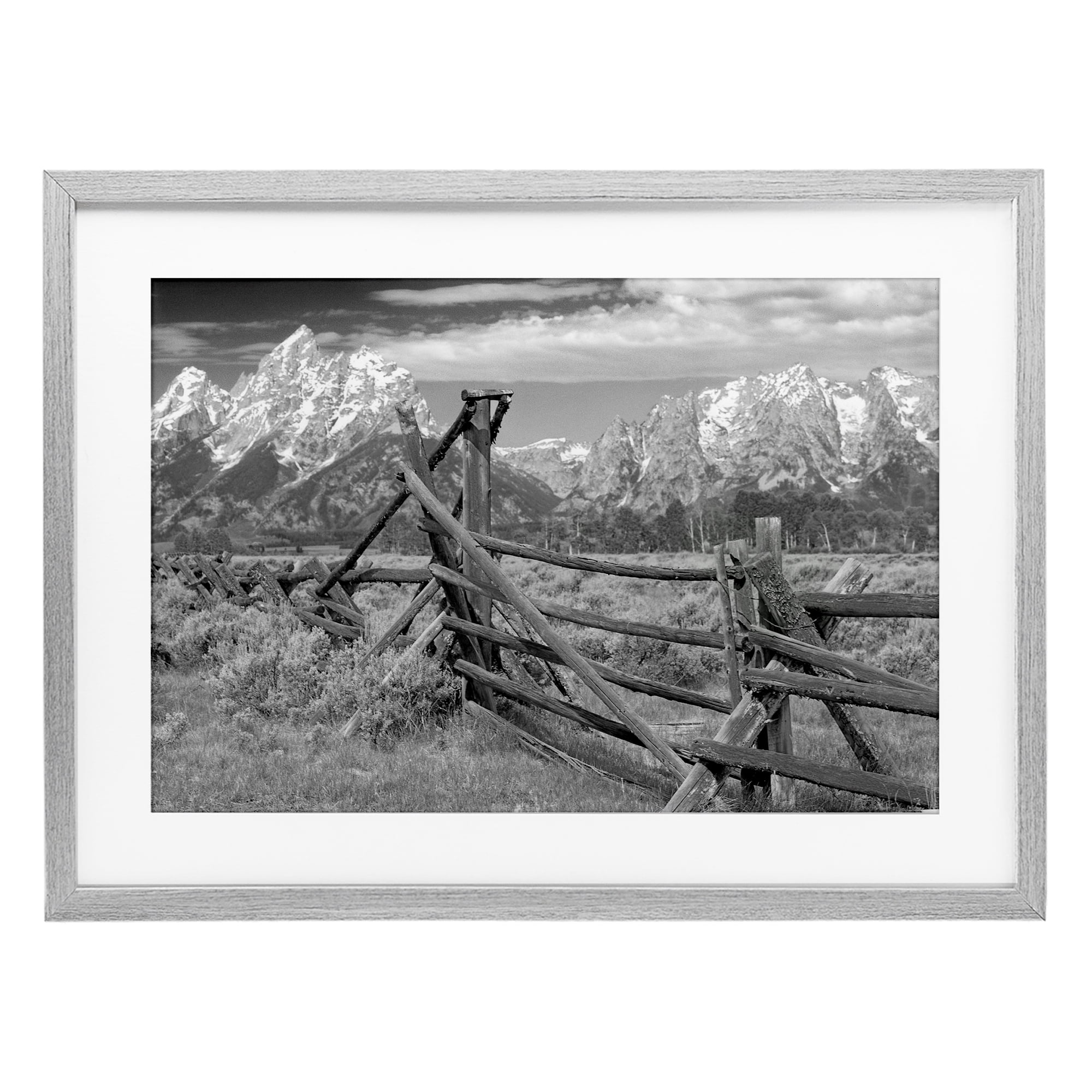 Grand Tetons Mountains & Fence Gray Framed Print Under Glass, design by MJ Photography
