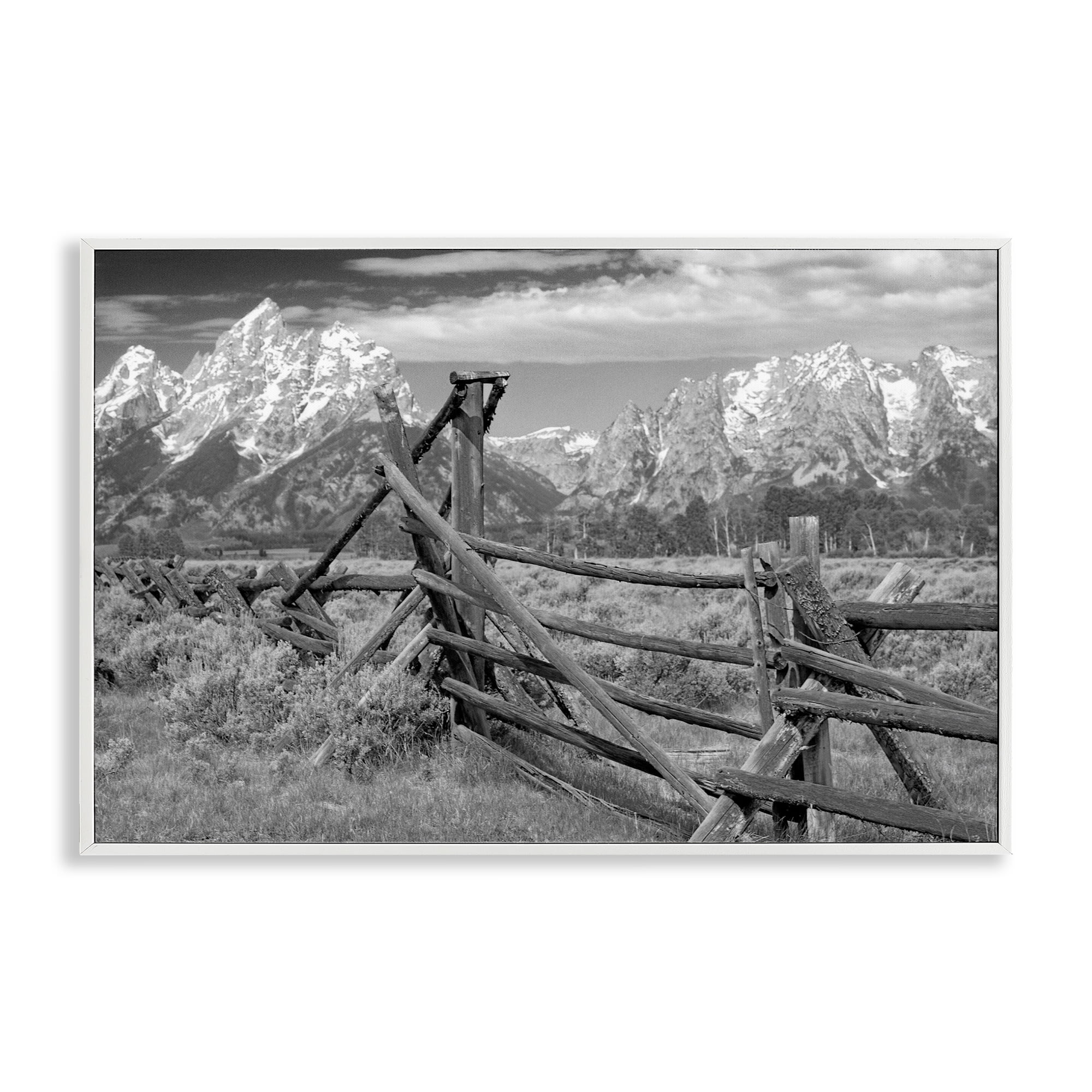 Grand Tetons Mountains & Fence White Framed Giclee Art, design by MJ Photography