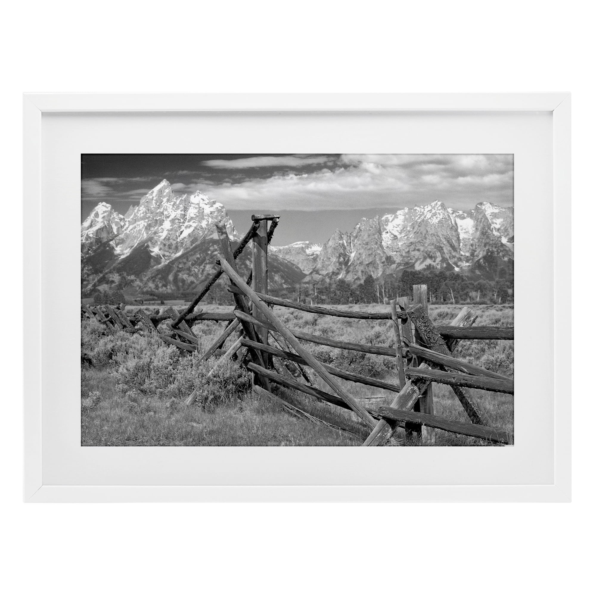 Grand Tetons Mountains & Fence White Framed Print Under Glass, design by MJ Photography