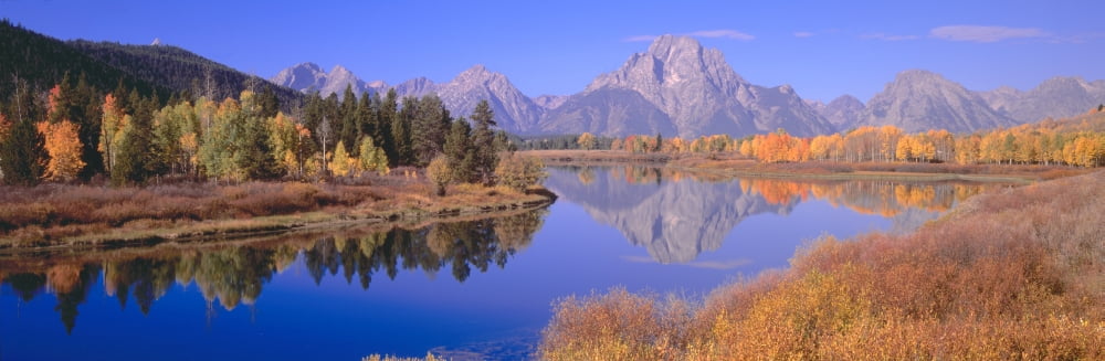 Grand Tetons reflected in Oxbow Bend Wyoming Canvas Art - Panoramic Images (27 x 9)