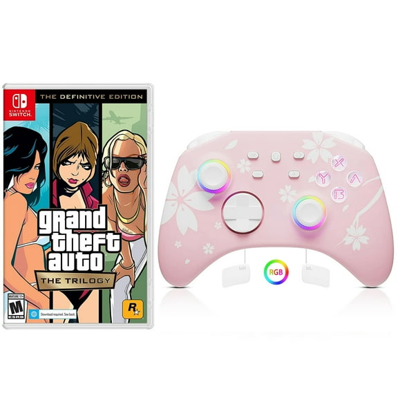 Grand Theft Auto: The Trilogy - The Definitive Edition Game Disc and Upgraded Switch Pro Controller for Nintendo Switch/OLED/Lite, Wireless Switch Remote for PC/IOS/Android/Steam Pink
