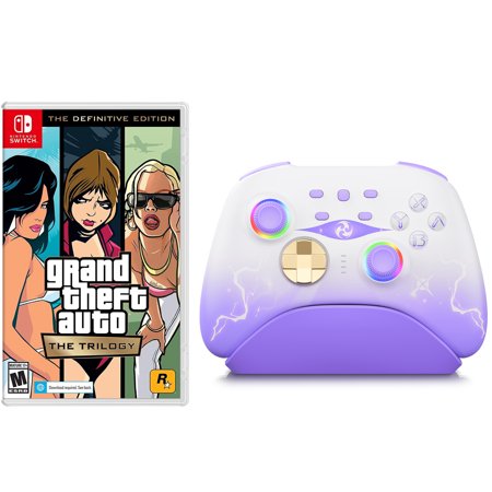 Grand Theft Auto: The Trilogy - The Definitive Edition Game Disc and Upgraded Switch Pro Controller for Nintendo Switch/PC/IOS/Android/Steam with Hall Effect Joysticks & Triggers Purple