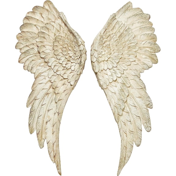 Grand Tour Angel Wings, Vintage Style, Set of 2, Antique White, Artisinal Design, Hand Crafted, Bas Relief Sculptures, 21 3/4 Inches Tall
