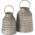 thumbnail image 1 of Grand Tour Temple Bell Lanterns, Set of 2, Hurricanes, Distressed Gold, Weathered, White Gray Patina, Iron, 10 1/4 and 8 1/4 Diameter Inches, Inner Floating Candle Holder and Glass, Loop Handles, 1 of 7