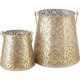 thumbnail image 1 of Grand Tour Temple Bell Lanterns, Set of 2, Lattice Lace Pattern, Hurricanes, Gold Finish, Iron, 8.75 and 6 Inches, Loop Handles, Removable Inner Glass Sleeve, 1 of 6