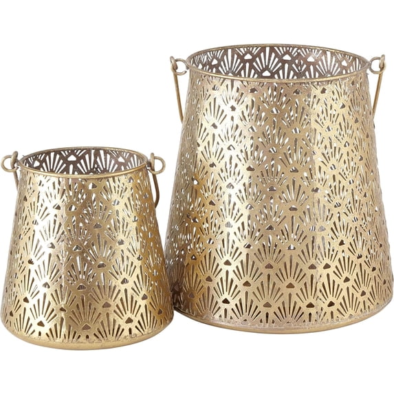 Grand Tour Temple Bell Lanterns, Set of 2, Lattice Lace Pattern, Hurricanes, Gold Finish, Iron, 8.75 and 6 Inches, Loop Handles, Removable Inner Glass Sleeve