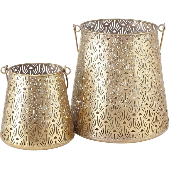 Grand Tour Temple Bell Lanterns, Set of 2, Lattice Lace Pattern, Hurricanes, Gold Finish, Iron, 8.75 and 6 Inches, Loop Handles, Removable Inner Glass Sleeve