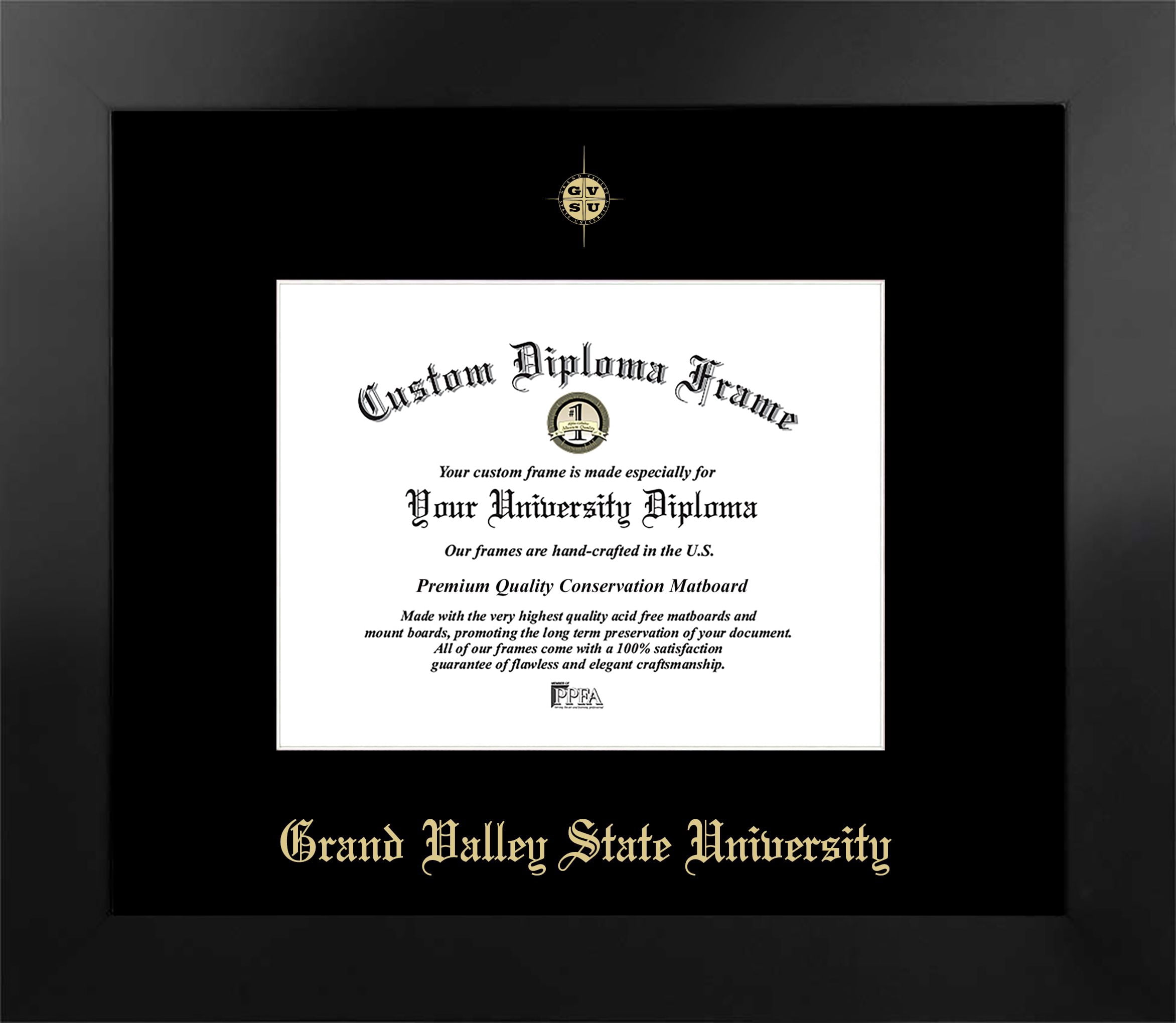 Grand Valley State University 9w x 7h Manhattan Black Single Mat Gold Embossed Diploma Frame with Bonus Campus Images Lithograph (value savings at $59)