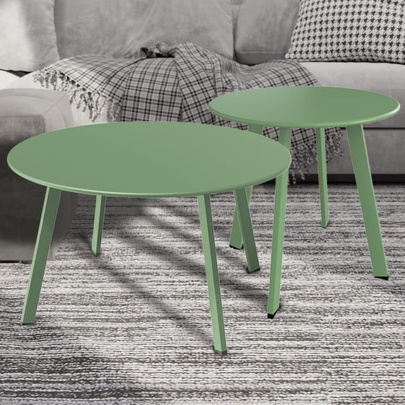 Grand patio 2-Piece Round Patio Coffee Table, 1 Large Side Table and 1 Small End Table, Sage Green