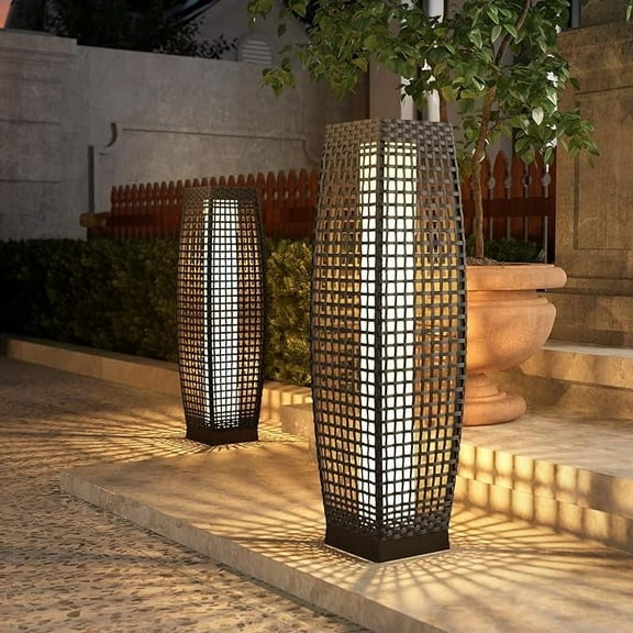 GRANDPATIO Outdoor Lights Solar Powered Resin Wicker Floor Lamp, for Garden or Porch, Large Fuji 2 PCS,Silver Gray