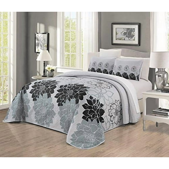 GrandLinen 3-Piece Fine Printed Oversize (115" X 95") Quilt Set Reversible Bedspread Coverlet (California) Cal King Size Bed Cover (Black, Gray, Grey Floral)