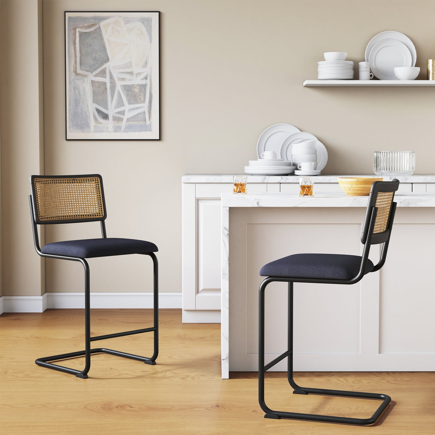 GrandNoor Black Modern Counter Height Bar Stools Set of 2 with Natural ...
