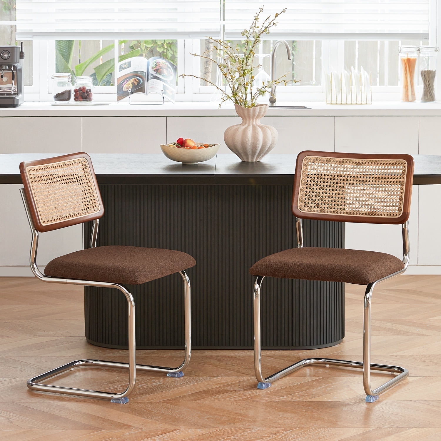 GrandNoor Indoor Woven Rattan Dining Chairs, Mid-Century Modern