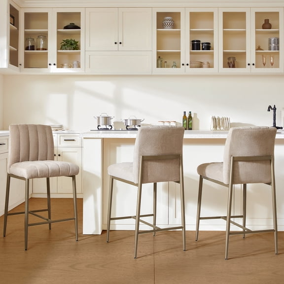 GrandNoor Comfortable Bar Stools Set of 3, 26 Thick Upholstered Counter Height Bar Stools with Back, Linen Counter Stools with Metal Legs for Kitchen Island, Khaki