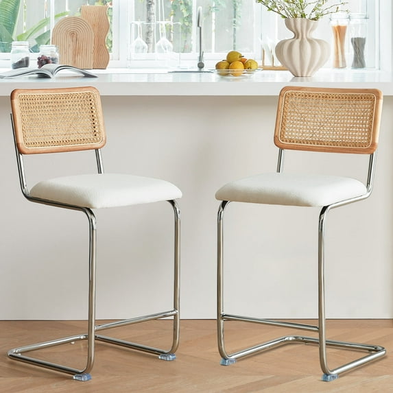 GrandNoor Modern Furniture Collection Square Seat with Rattan Back Bar Stool, White (Set of 2)