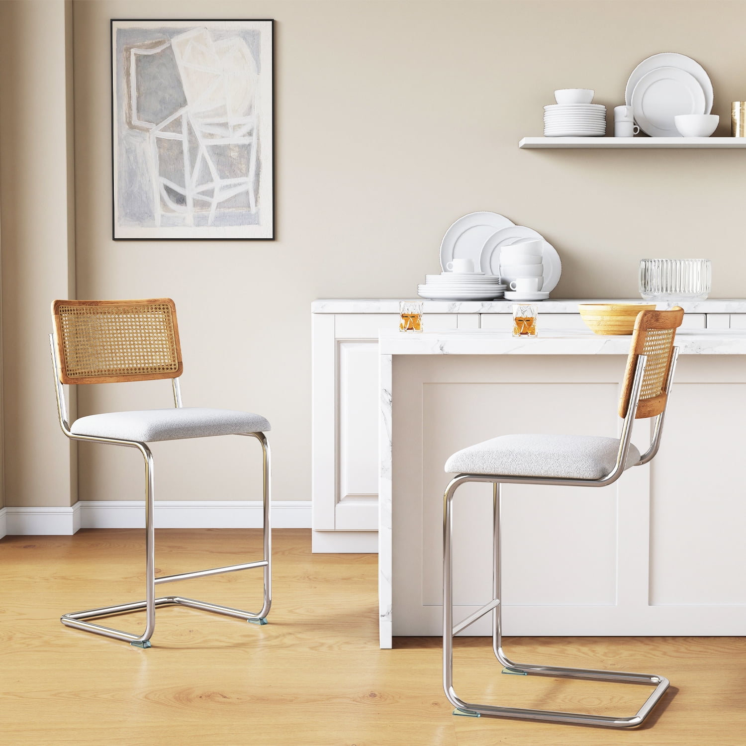 GrandNoor White Modern Counter Height Bar Stools Set of 2 with Natural ...