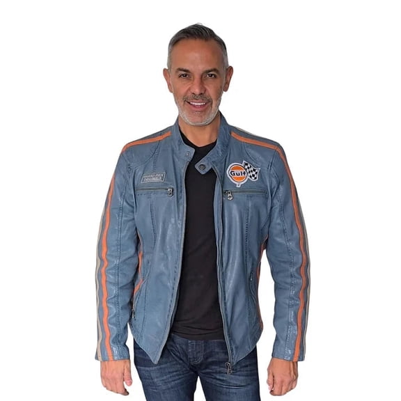 GrandPrix Originals Men's Lambskin Leather Racing Jacket - Olive/Gulf Blue/Orange
