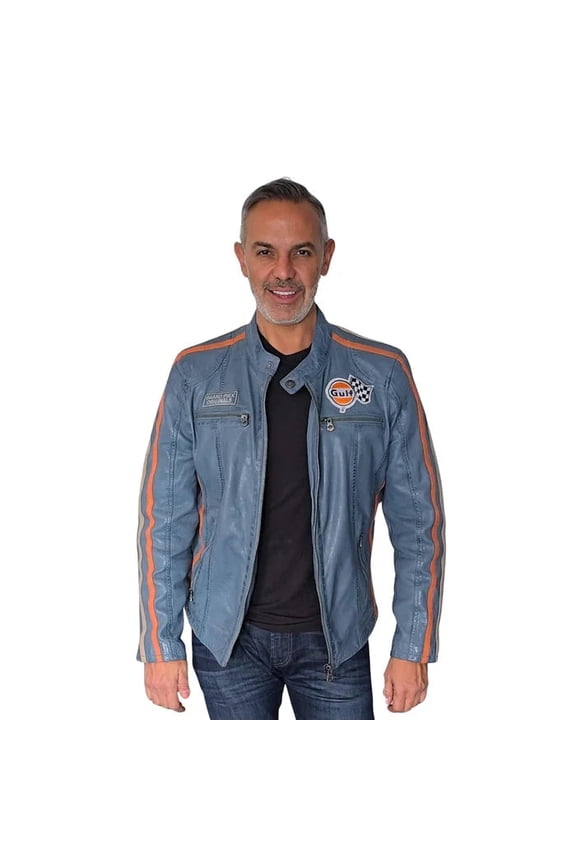 GrandPrix Originals Men's Lambskin Leather Racing Jacket - Olive/Gulf Blue/Orange