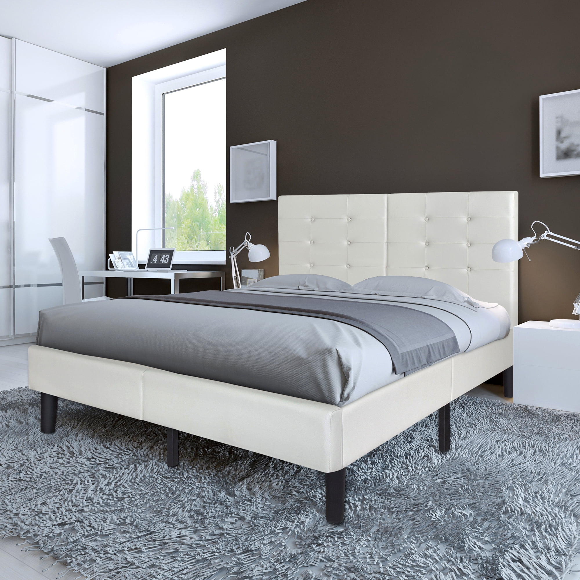 GrandRest 14" Dura Metal Faux Leather Platform Bed, Gray, Queen