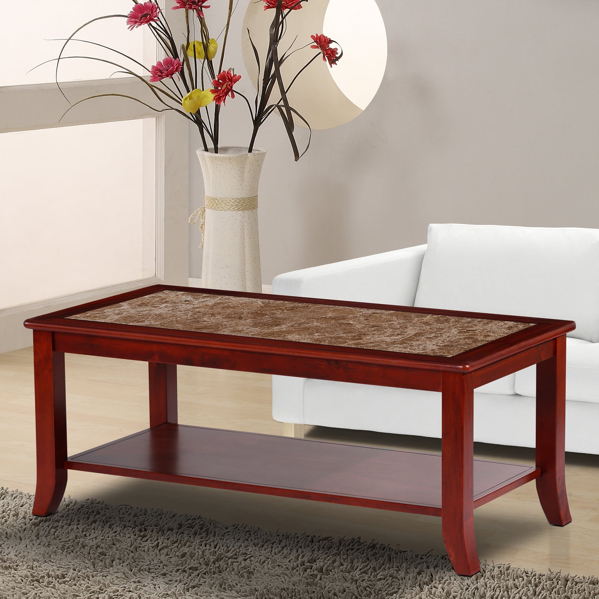 GrandRest Calacatta Natural Marble Top and Wood Coffee Table, Brown