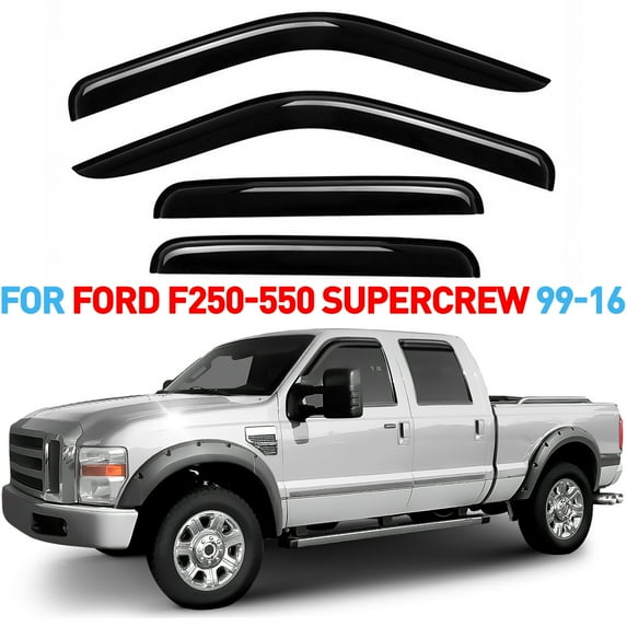 GrandWheel Co Window Deflectors Smoke Tinted Tape-On Side Window Vent Visor Deflectors Rain Guards Compatible with F-250, 350, 450, 550 Super Duty 1999-2016 SuperCrew Cab- 4pcs. GW0037