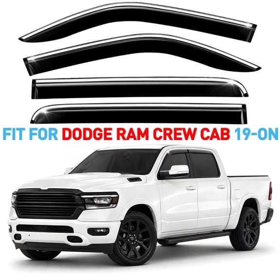 GrandWheel Co Window Deflectors Chrome Trim Tape-On Side Window Vent Visor Deflectors Smoke Tinted Rain Guards Compatible with Dodge Ram 1500 2019-2026 Crew Cab - 4pcs. GW0991