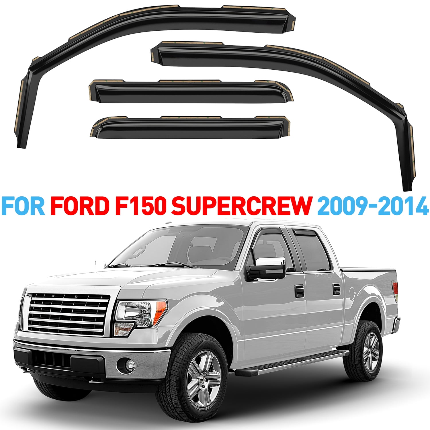 GrandWheel Co Window Deflectors Smoke Tinted In-Channel Side Window Vent Visor Deflectors Rain Guards Compatible with Ford F-150 2009-2014 SuperCrew- 4pcs. GW0992