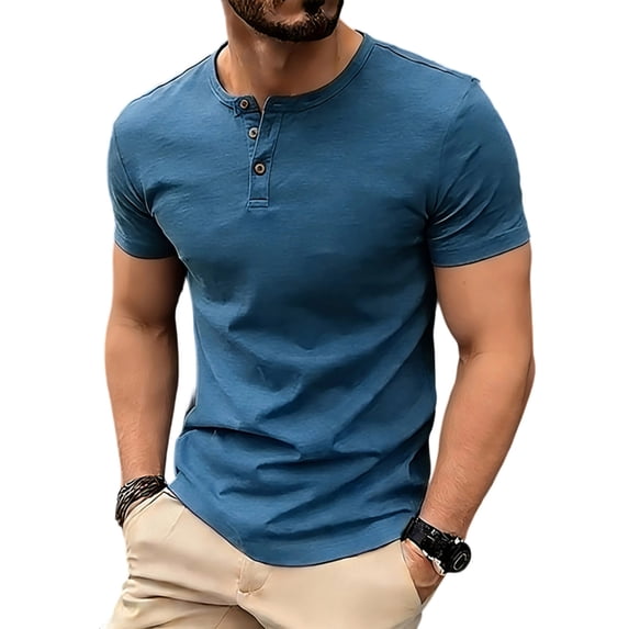 Grandad Collar Henley T Shirt for Men , Men's Smart Half Buttons Tee Slim Fit Collarless Polos T-Shirts Summer Regular Fit Casual Tops Button Up V Neck Pullover Plain Basic Tees Shirt