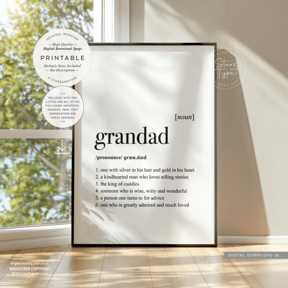 Grandad Definition Dictionary Quote Poster, Unframed Size 8x12