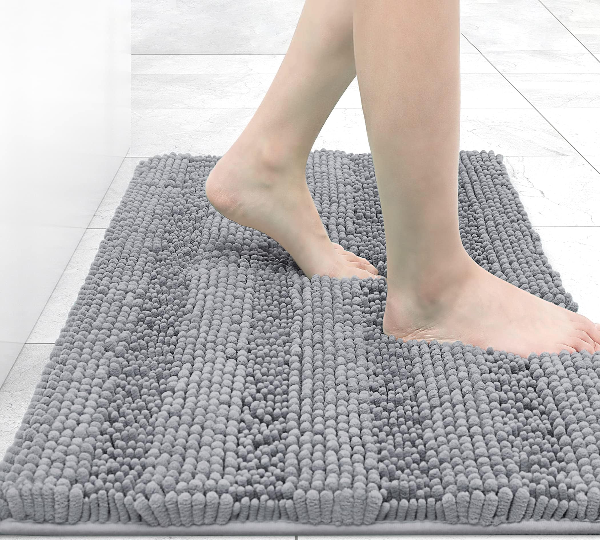 Light Gray Chenille Striped High Pile Bath Rug 20x30