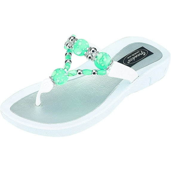 Grandco Sandals for Women Triumph Thong Jeweled Beaded Flip Flops 10, White 25855