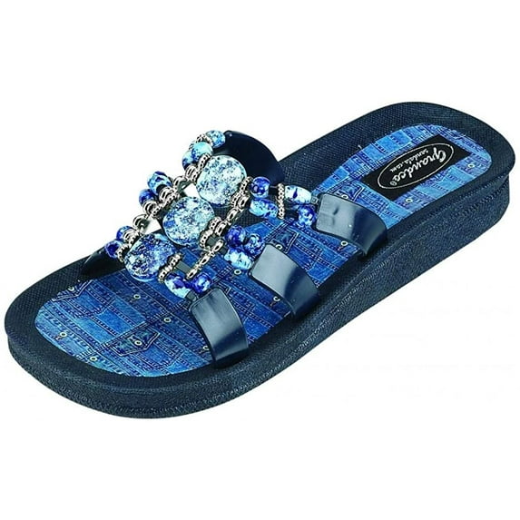 Grandco Womens Sandals Denim Slide Jeweled Beaded Flip Flops 8, Blue 25550D