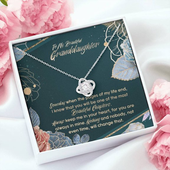 To Granddaughter, Beautiful Chapters Of My Life, Beautiful Necklace, A Heartfelt Keepsake From Mom, Dad, Grandparents, Message Card and Box, White Love Knot Necklace