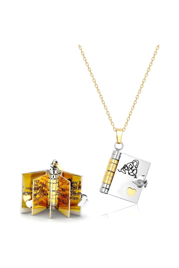 Granddaughter Book Necklace 6 Pages of Engraved Messages, Silver & Gold Pendant, Openable Book Design, Adjustable Chain, Heartfelt Gift from Grandma