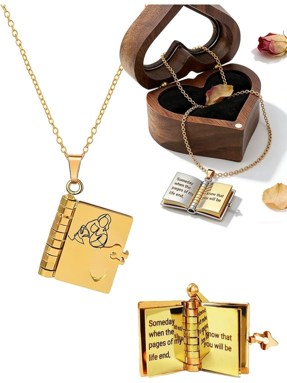 Granddaughter Book Necklace - The Most Beautiful Chapter 6 Pages Engraved Locket, Titanium Steel Pendant Jewelry Gift from Grandma with Heart Wooden Box for Graduation Birthday